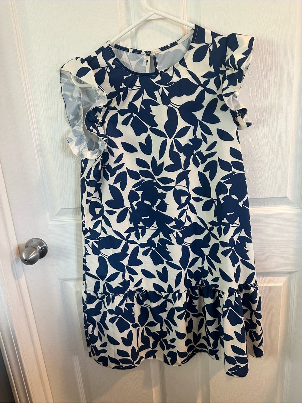 SHEIN Navy and White Leaf-Print Ruffle Sleeve Midi Dress